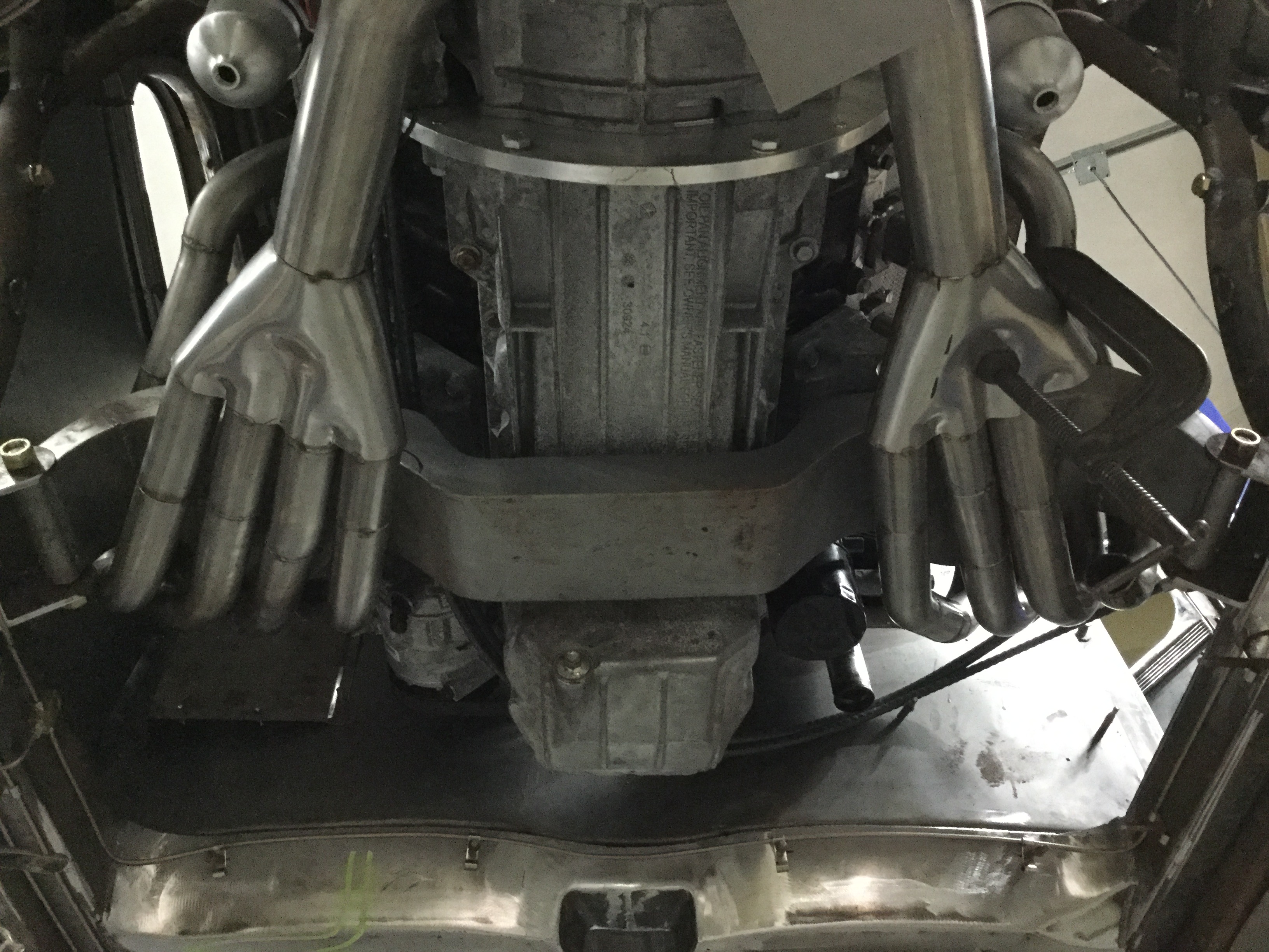 Exhaust view of Gary's 1939 Dodge engine bay